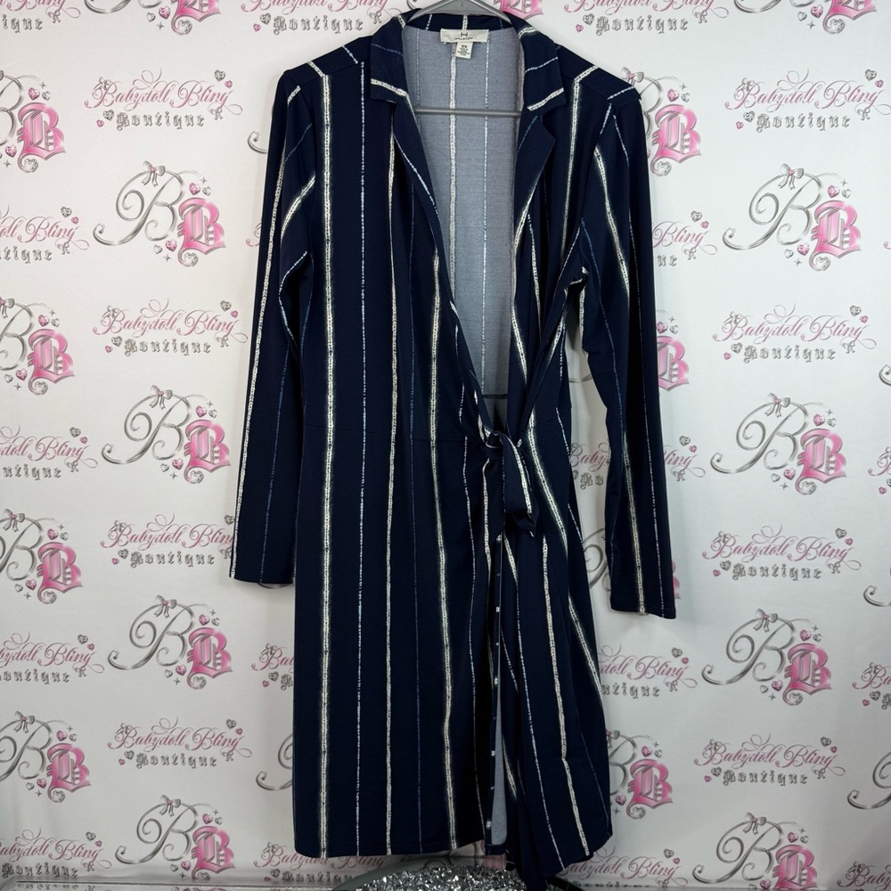H by halston dress blue Navy Striped Long style striped tie up belted collared